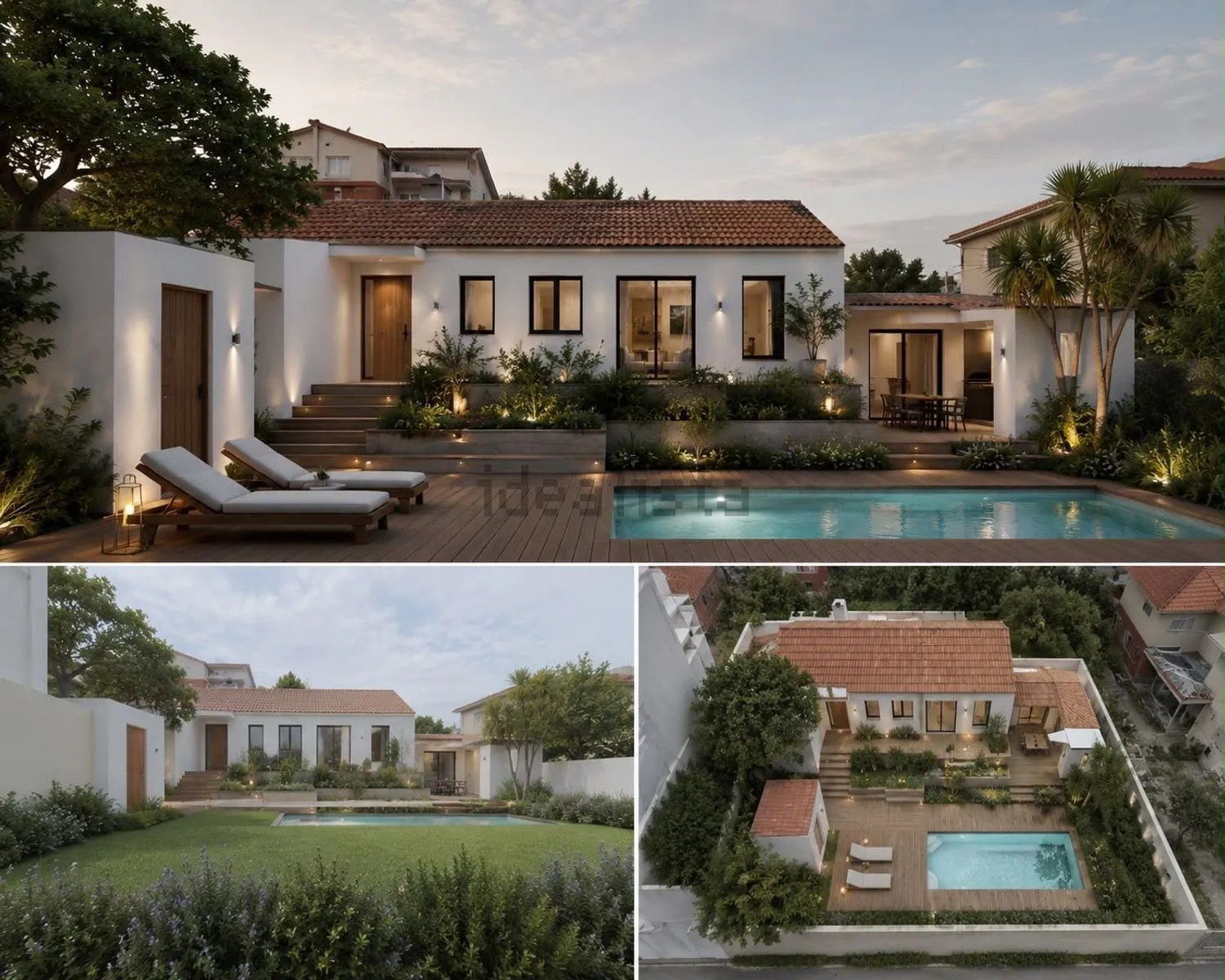 Computer impression of how the house could look after renovation, with a pool and garden